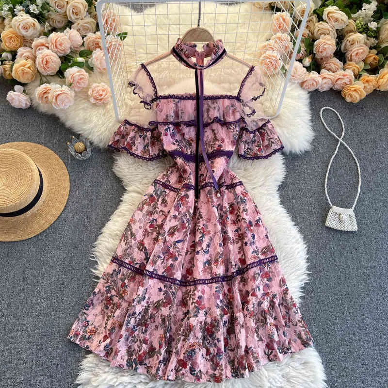 春ネット糸レースvestidos女性の刺繍の花の気質スタンドアップカラー半袖フリルのMidi Dress C770 210506