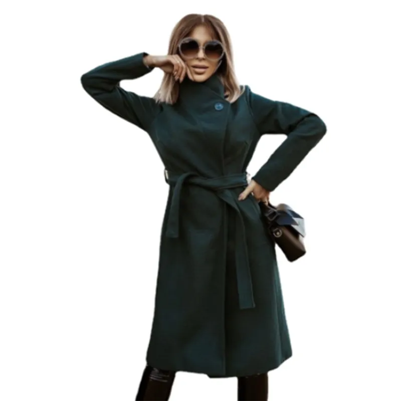 Ebaihui Long Over Knee Women's Coats Loose Belted Stand-Up Collar Jackor Elegant Chic Solid Slim Fit Overcoats Ytterkläder