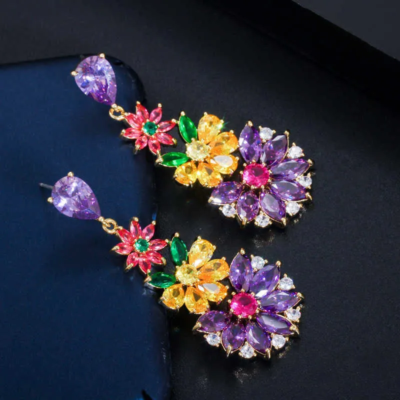 Unique multicolore cubique zircone cluster fleur balancent boucles d'oreilles pour femmes robe de soirée de mariage bijoux CZ430 210714