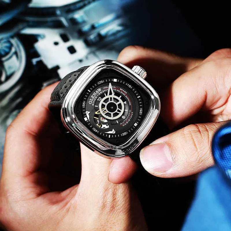 Glenaw Design Marke Männer Hohl Automatische Schwarz Mechanische Uhr GMT Top Reloj Hombre Uhren Wasserdicht 210609294a
