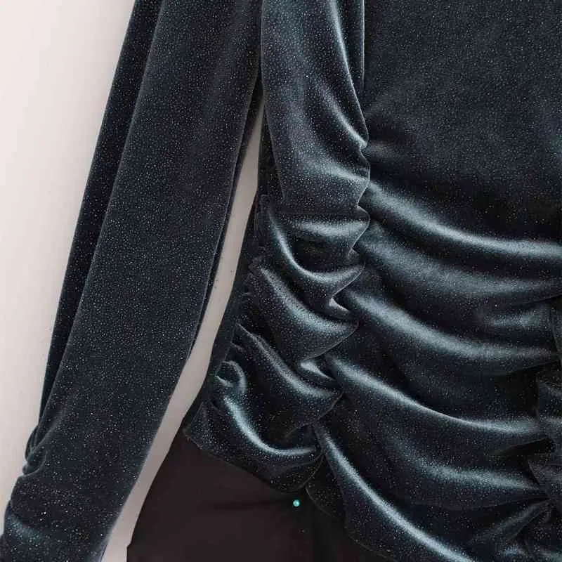 Elegant Woman Slim Velvet Folds Bofysuits Spring Fashion Ladies Shiny Tops Female Vintage Mock Neck Bodysuit 210515