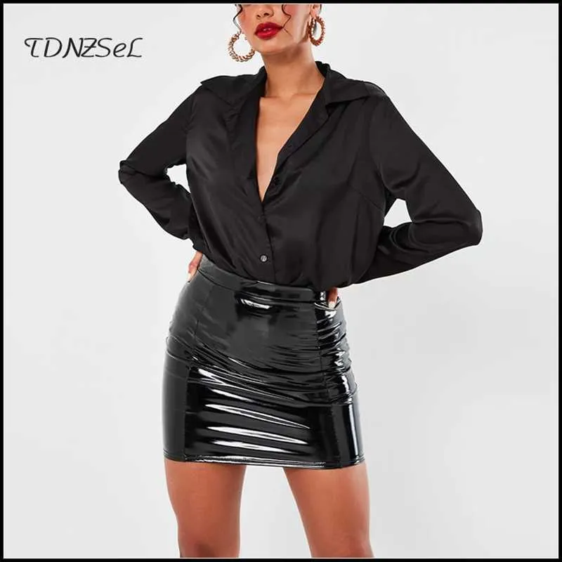 Minifaldas de cuero de látex negro para mujer, faldas sexys de cintura alta de PU, oficina corta, falda lápiz ajustada, ropa de discoteca personalizada 210629