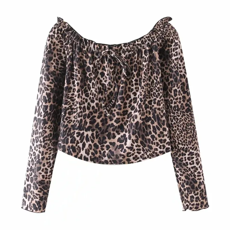 Lente Dames Luipaard Print Slash Hals Korte Shirt Vrouwelijke Lange Mouw Blouse Casual Dame Slanke Crop Tops Blusas S8531 210430