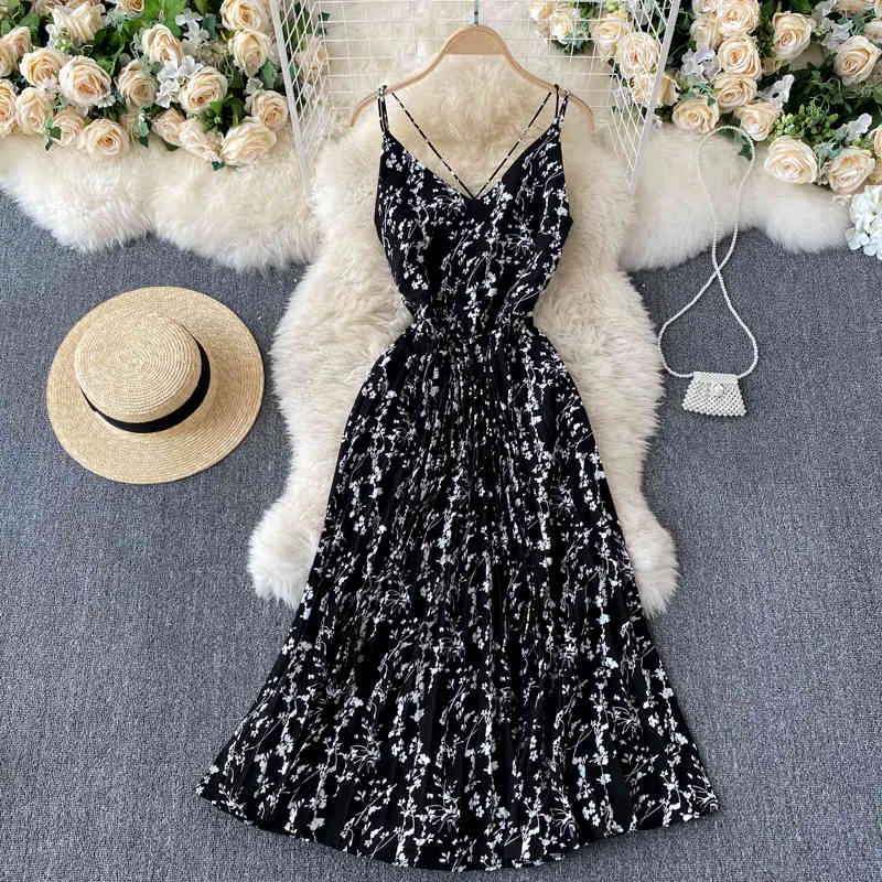 Singreiny Kobiety Kwiatowy Pasek Suknia Seksowna V Neck Bez Rękawów Bez Backless Dresses Linia Summer Boho Off Ramię Plised Beach Dress 210419