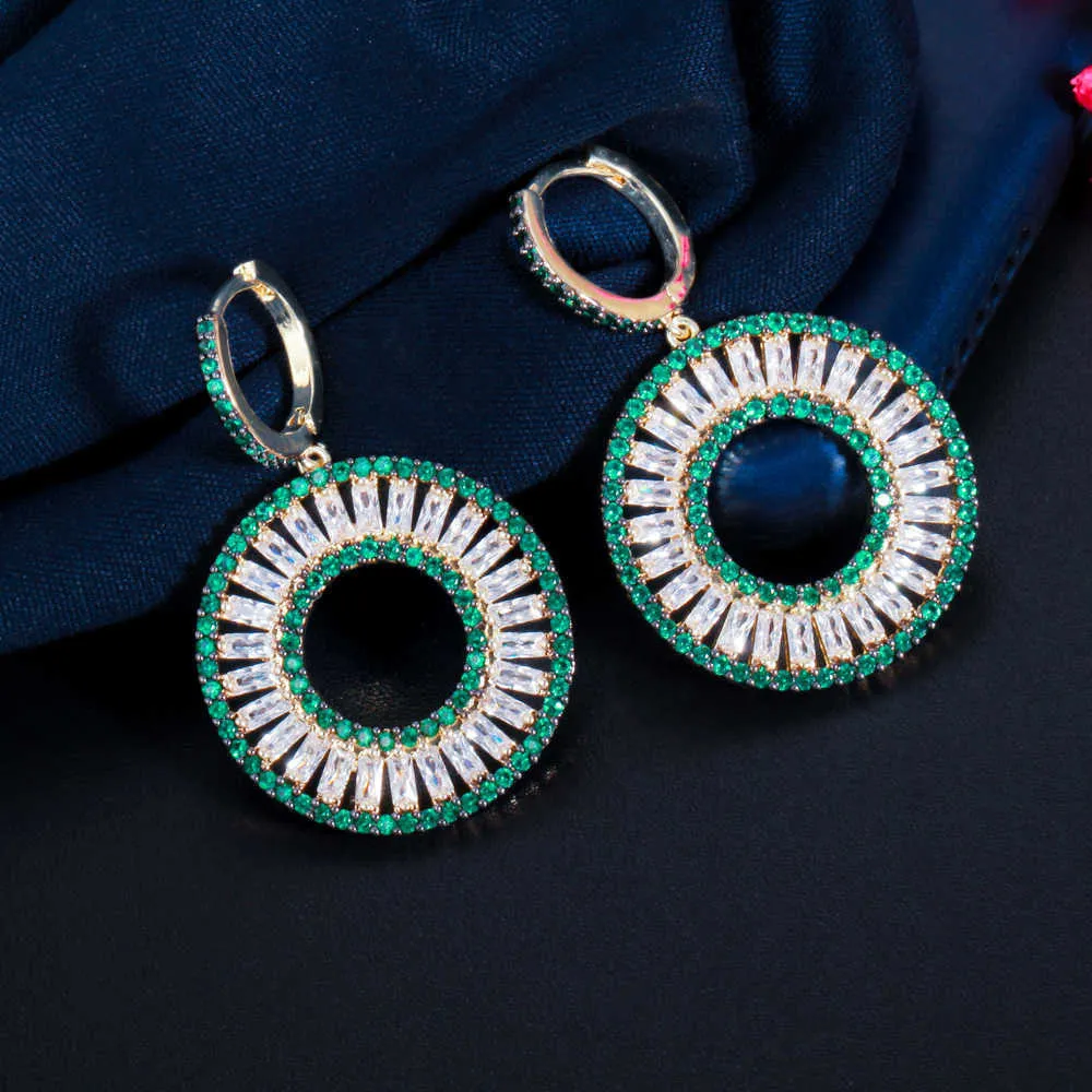 Lindo verde verde zirconia ouro cor dangle círculo redondo huggie soltar brincos para mulheres na moda jóias presente CZ861 210714
