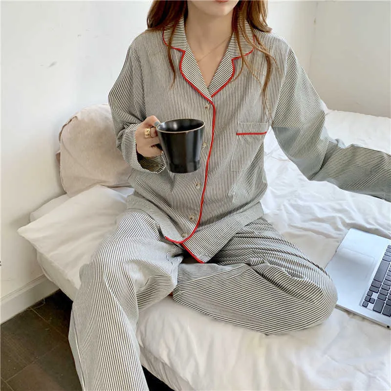 Two Pieces Suit Cardigans Striped Cotton Nightwear Sweet Soft Casual Homewear Loose Fashion Pajamas Sets 210525