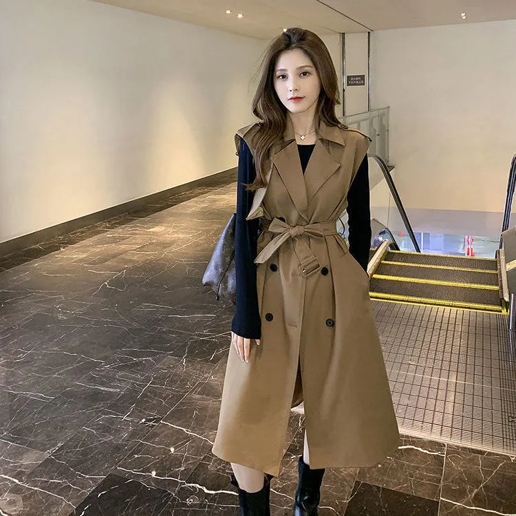 Wonder Elegant Long Trench Vest Sashes Casual Loose Office Västar Chic Koreanska Ärmlös Dubbel Breasted Outwear 210510