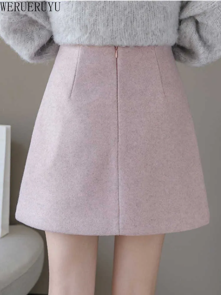 Werueruyu saia shorts mulheres inverno lãs plissada saia coreana forma irregular uma linha alta cintura pacote quadril saias 210608