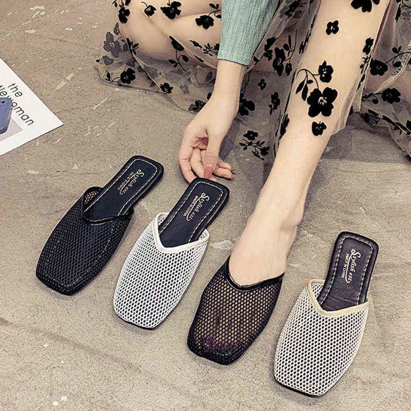 Тапочки плюс размер сетки женщин повседневная плоская обувь летом женский дом черный белый бежевый Zapatos de mujer 220304