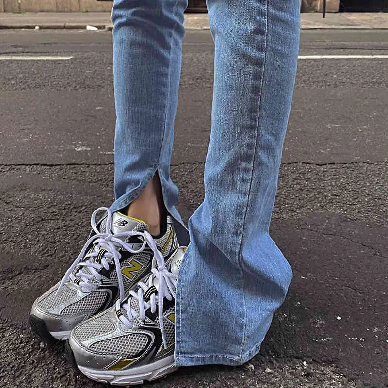 Automne femmes jean taille haute Simple fente lavé décontracté bleu clair couleur fermeture éclair Cowboy pantalon tendance 5A267 210427