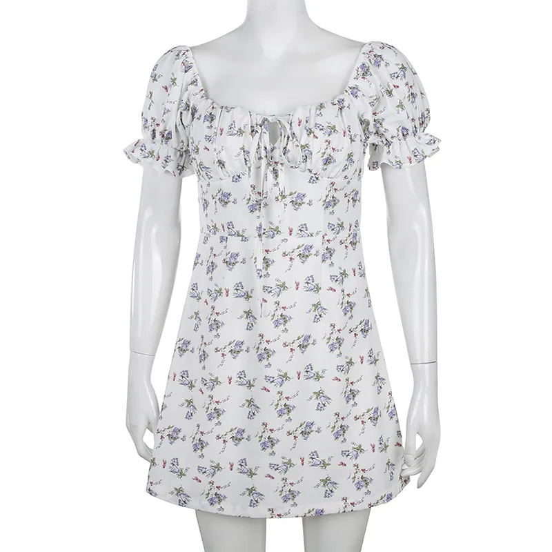 White Casual Floral Women Dress Bandage Ruched Summer Mini Office Puff Sleeve High Street Aline Ladies es 210520