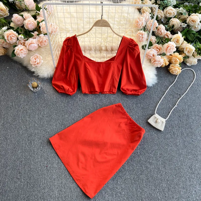 Summer Elegancki Retro Square Neck Rękaw Puff Rękaw Krótki Top Dwa kawałek Zestaw Kobiet Wysoka Talia Szczupła Topy Z Spódnicą Garnitur 210420