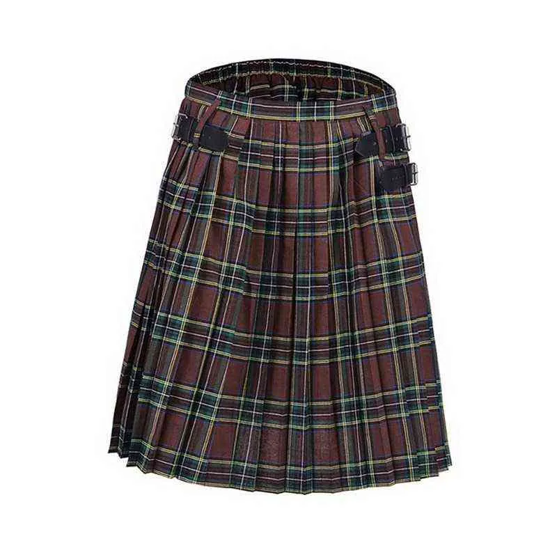 Herren-Kilt, traditionell, karierter Gürtel, plissiert, bilaterale Kette, braun, Gothic-Punk, schottische Tartan-Hose, Röcke H1206