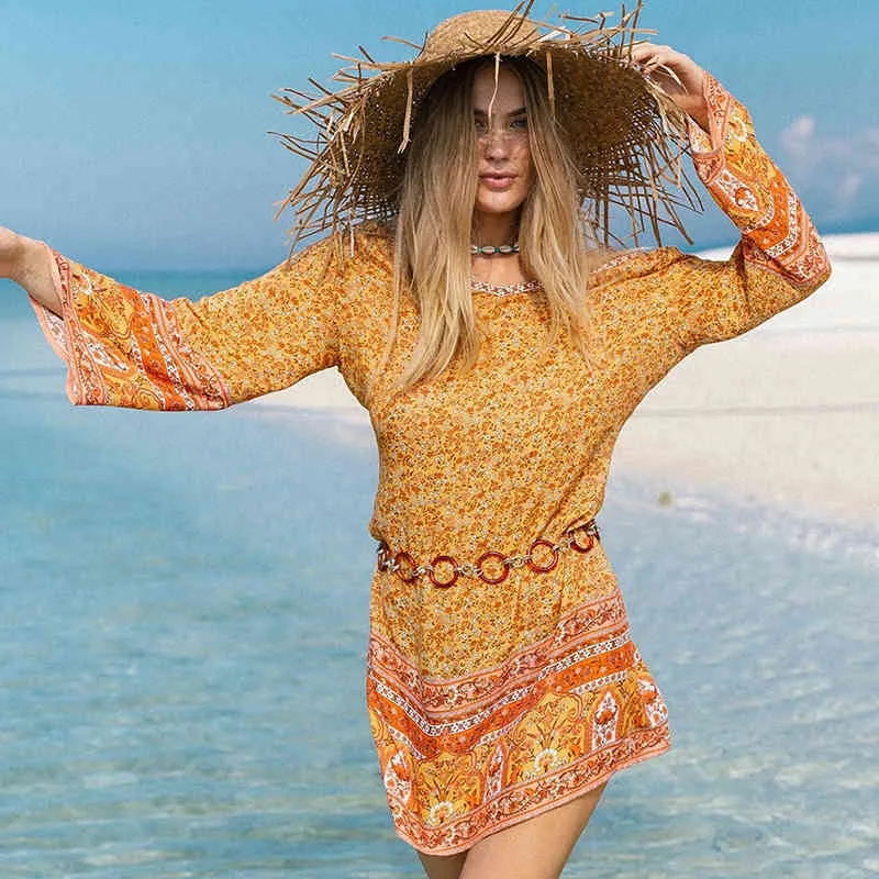 Foridol Bohemian Orange Beach Dress Women New V Neck Summer Boho Print Floral Dress Casual Cotton Long Sleeve Sundress 210415