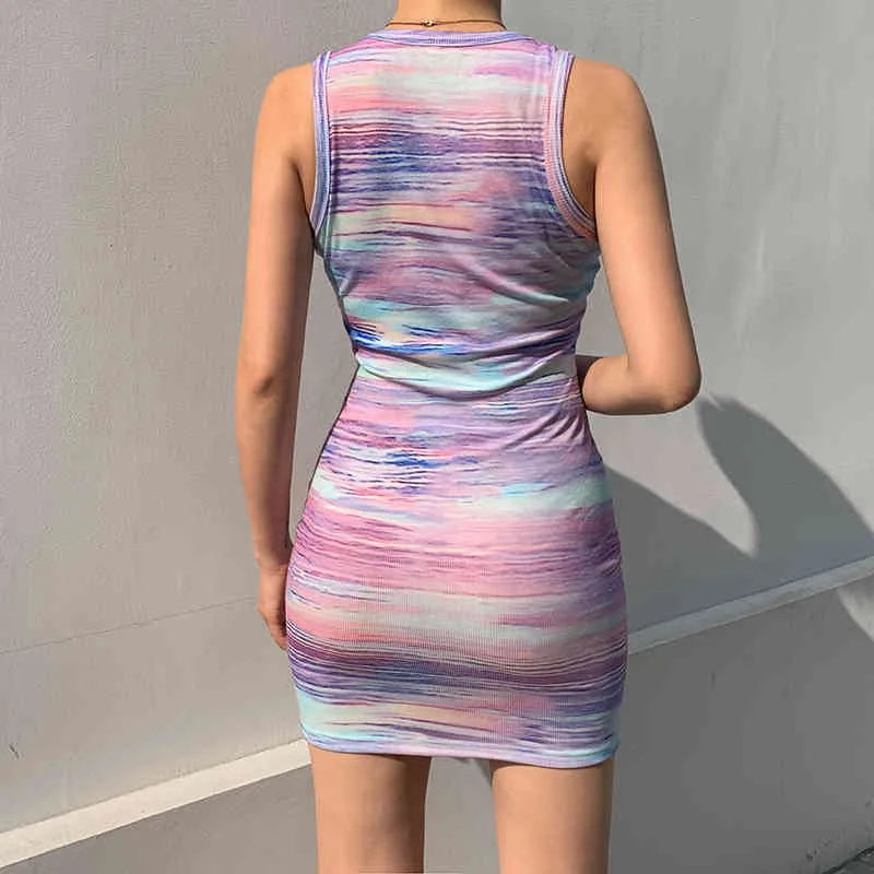 Tie Dye Impreso Y2K Casual Verano Vestido de mujer Vintage Bodycon Sin mangas Fiesta corta Vestidos ligeros Mini Beach Sundress 210415