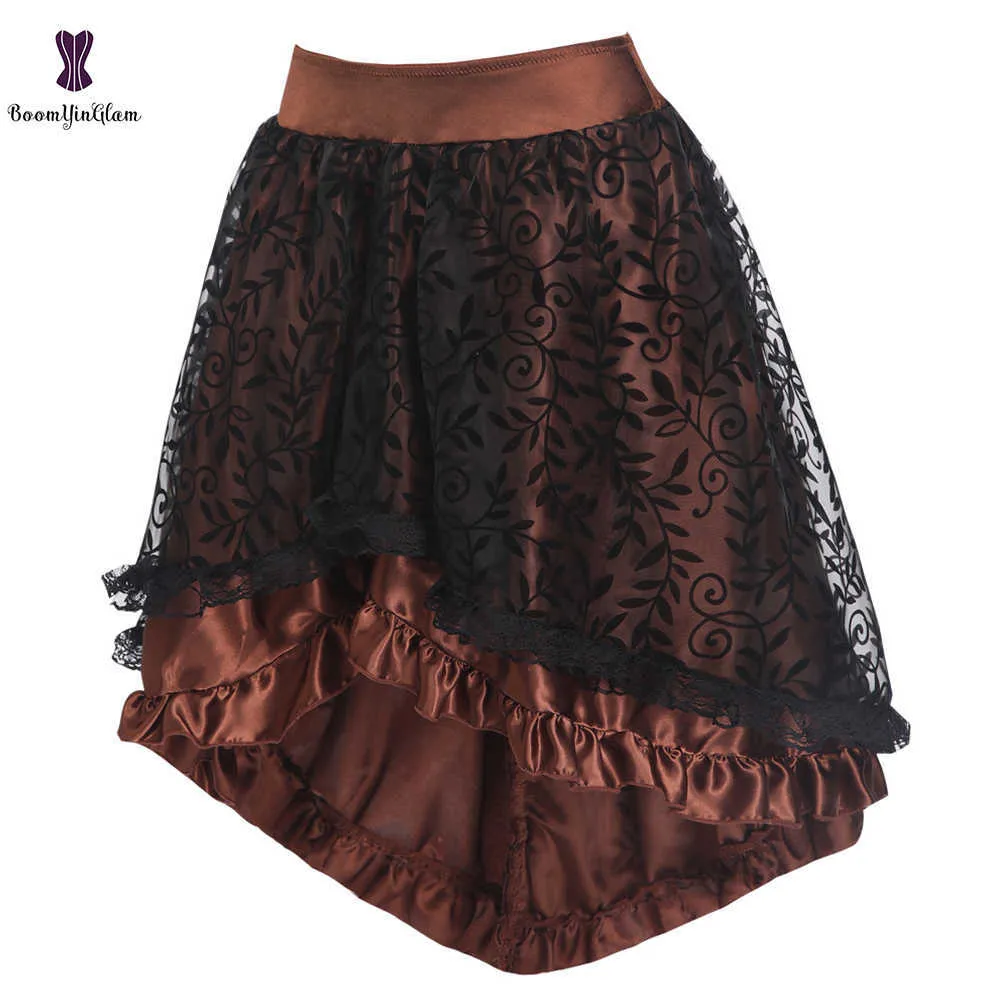 Siyah kadın Victoria Asimetrik Ruffled Saten Dantel Trim Gotik Etek Vintage Korse Steampunk Etek Cosplay Kostümleri 937 # 210629