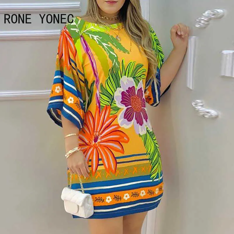 Women Elegant Dress Tropical Print Half Sleeve Casual Dress Summer Dress 210630