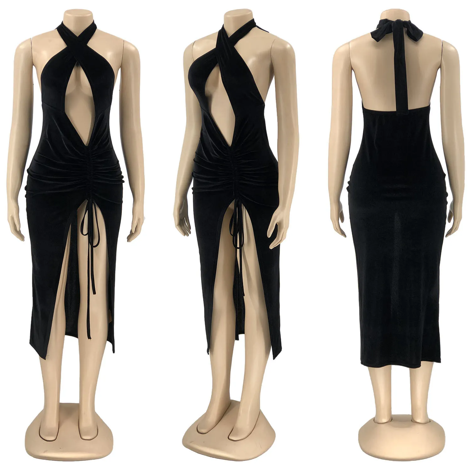 Sexy Dos Nu Halter Cut-Out Femmes Robes Midi Moulante Club Party Chic Mode Sans Manches Robe Noire Vêtements De Vacances 210525