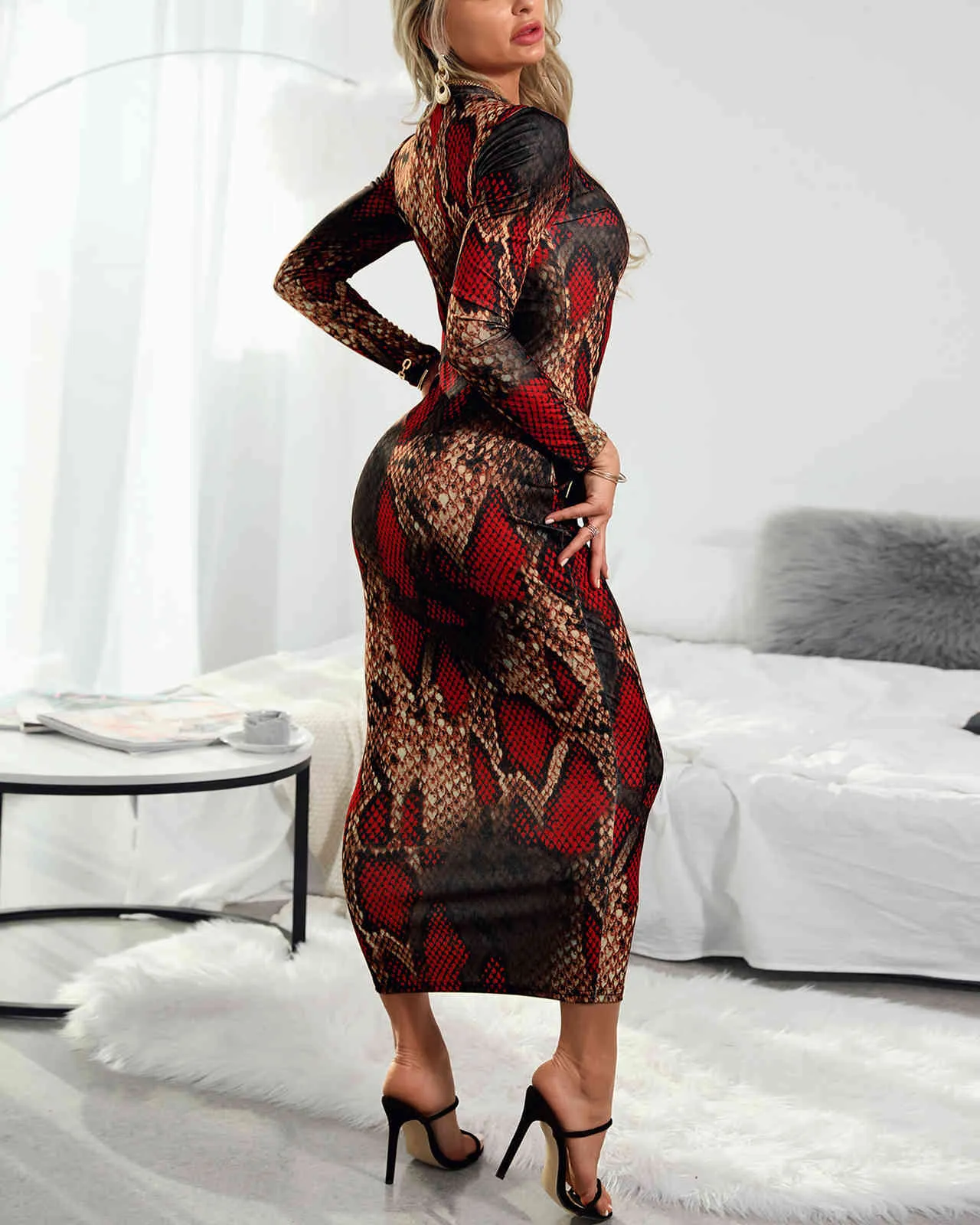 Frühling Herbst Frauen Bodycon Kleid Neue Schlangenleder Langarm Dünne Midi Kleid Büro Damen Elegante Mode Tragen 210415