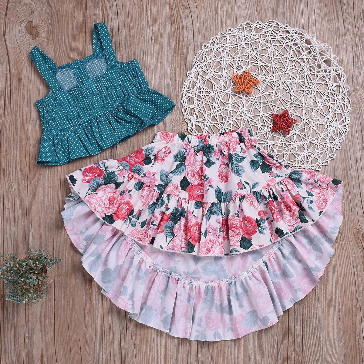 Летняя детская одежда для девочек 1-6 лет малышей бутик цветок наряд хвосты юбка и маленькие вершины набор 210529