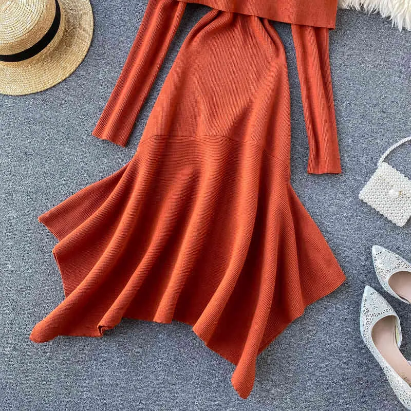 Women Winter Sweater Dress Off-shoulder Oversized Basic Knit Midi Party Vestidos Chic Warm Knitted Irregular Dresses 210419