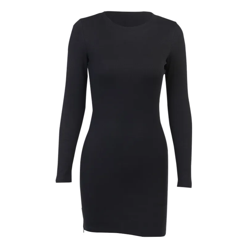 Ezgaga Bodycon Dress Women Undefined Zipper Split Long Sleeve Dresses Ladies Sexy Club Wear Black Solid Autumn Vestido Feminino 210430