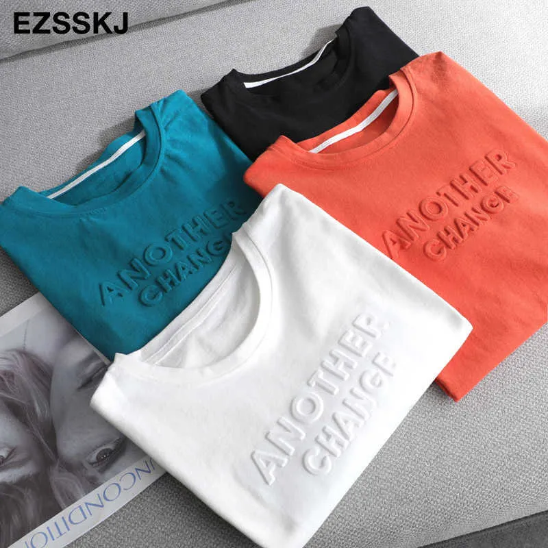Camiseta básica con letras en 3D para mujer de primavera y verano, camiseta informal holgada de manga corta con parte inferior de algodón de color caramelo, Tops gruesos para mujer Y0629
