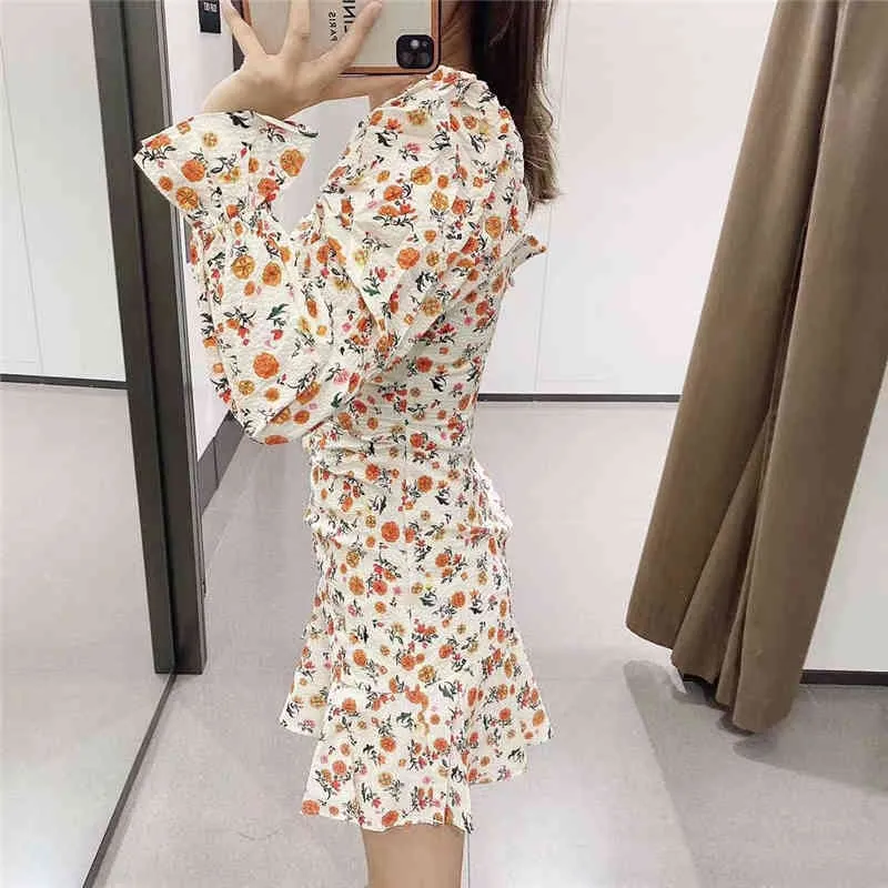 Elegant Women Orange Floral Print Dresses Fashion Ladies Square Collar Mini Dress Streetwear Female Chic Ruffles Vestidos 210427