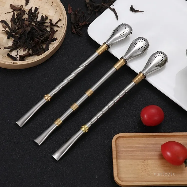 Portable Detachable Straw Washable Stainless Steel Filter scoop Vintage Gold Plated Drink Straws Barware T2I52250