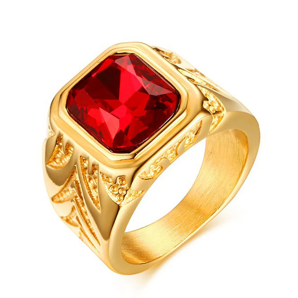 Square Red Gemstones Cyrkonia Diamenty Pierścienie Dla Mężczyzn 18K Złoty Kolor Titanium Ze Stali Nierdzewnej Luksusowa Biżuteria Bijoux Bague Akcesoria