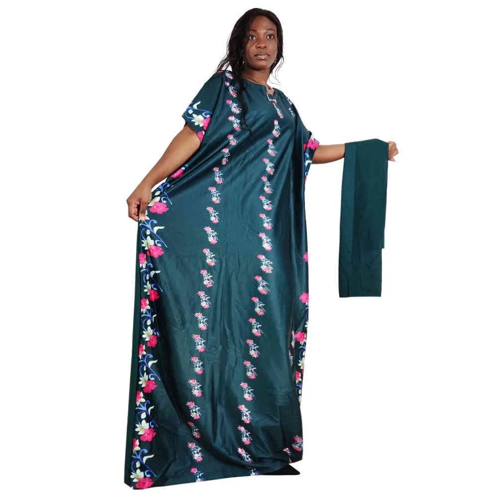 Verde Loose Autumn Batwing Manga Vestidos Africanos para Mulheres Diamantes Floral Impressão Vintage Scarf Femme Robe 210408