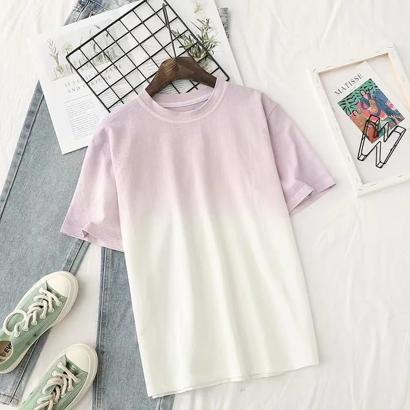 カジュアルな女性の緩いグラデーション半袖Tシャツ夏のファッションレディースソフトタイ色の綿ティーガールズY2K Tシャツ210515