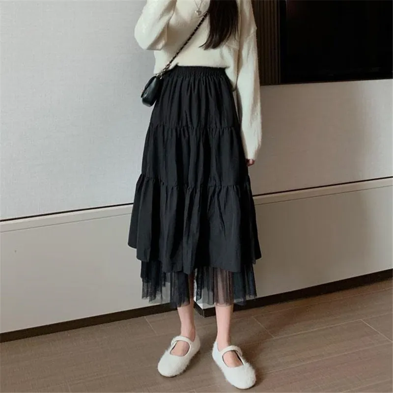 Gonne lunghe a vita alta le donne Midi a pieghe Moda Harajuku Stile coreano Bianco Nero School Girl Maxi 210421