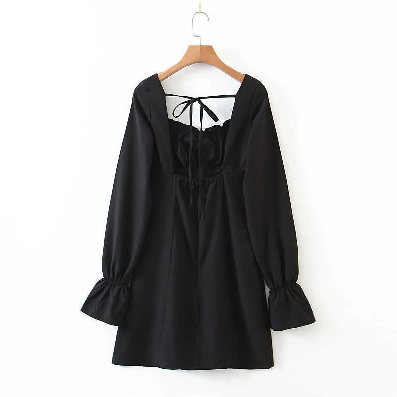 LY VAREY LIN Autumn Women Sexy Flare Sleeve Dresses Square Collar Sashes Tie Up Fitted Waist Slim Black Ladies 210526