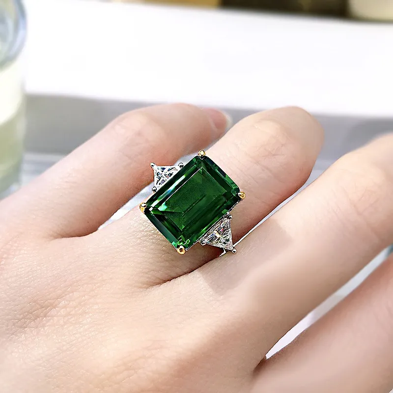 Creative 925 Sterling Srebrny Moissanite Big Square 1014 mm Szmaragdowy zielony pierścień dla kobiet Piękna biżuteria