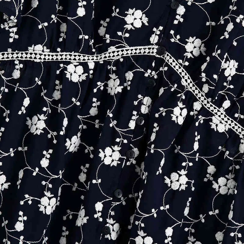 Yaz Kadın Vintage Gömlek Elbise V Yaka Kısa Kollu Düğmeler Çiçek Nakış ES Kadın Zarif Orta Buzağı Bezi 210513