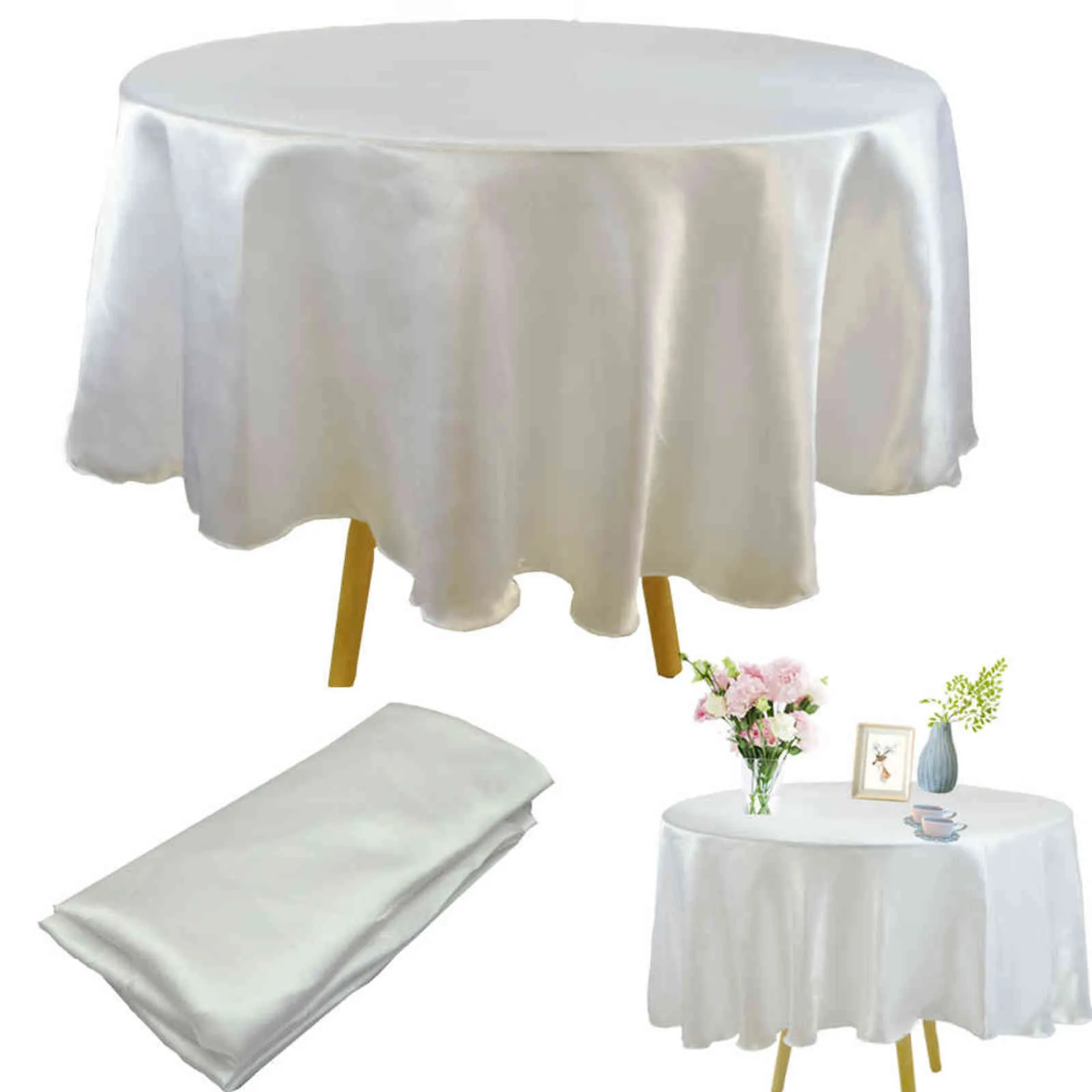 丸い145cmサテンのテーブルクロスの固体カラーカバーのための結婚式の誕生日のクリスマスパーティーの布の家の装飾211103