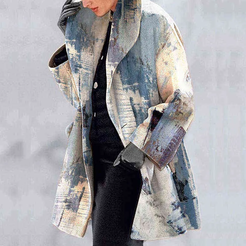 Vintage Harajuku patrón PrintP mujeres Tweed prendas de vestir exteriores Otoño Invierno elegante solapa abrigo suelto moda chaqueta de manga larga Tops 211130
