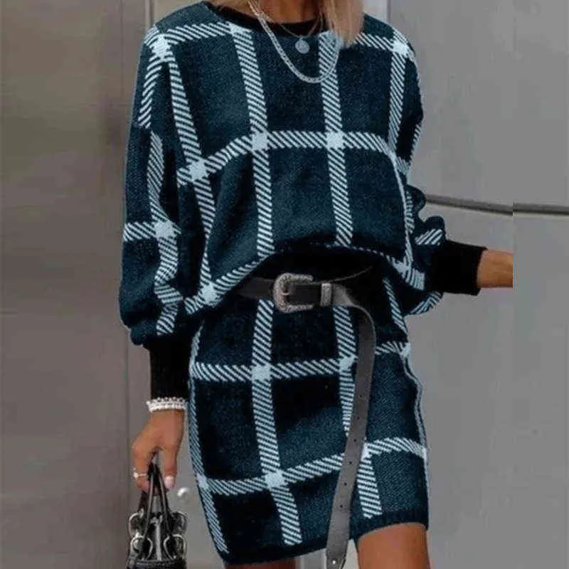 Herfst Vrouwen Casual O Hals Sweatshirt Mini Rokken Outfits Kantoor Dame 2 Stuks Sets Lente Elegante Plaid Print Pak set 211108