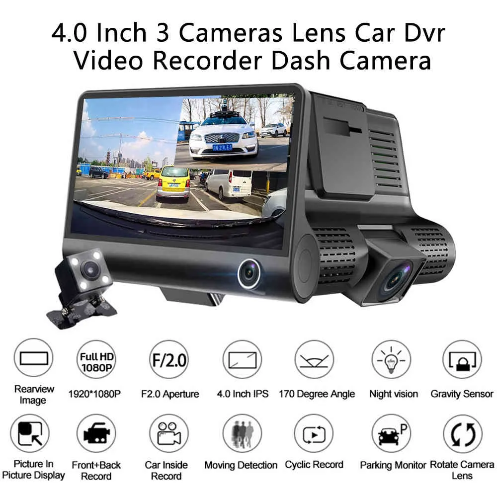 HD carro DVR DASH CAM 4 '' gravador de vídeo automático 3 lente com câmera de vista traseira Dashcam DVRS Night Vision Camcorder