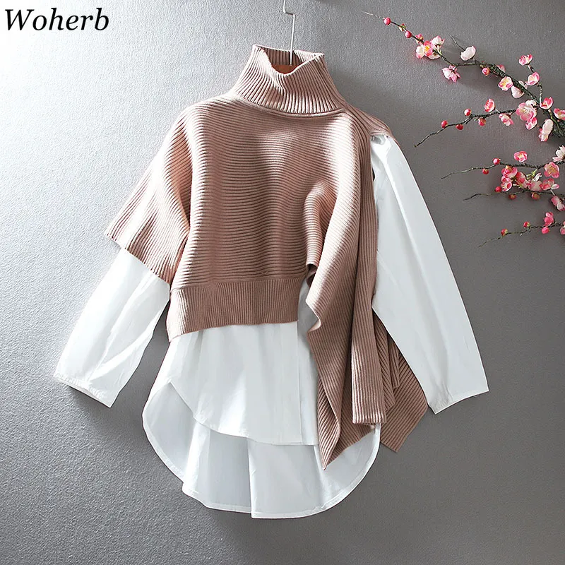 Loose Two Peice Set Women Turtleneck Sweater White Plus Size Shirt Tops Korean Chic Femme Roupas 210422