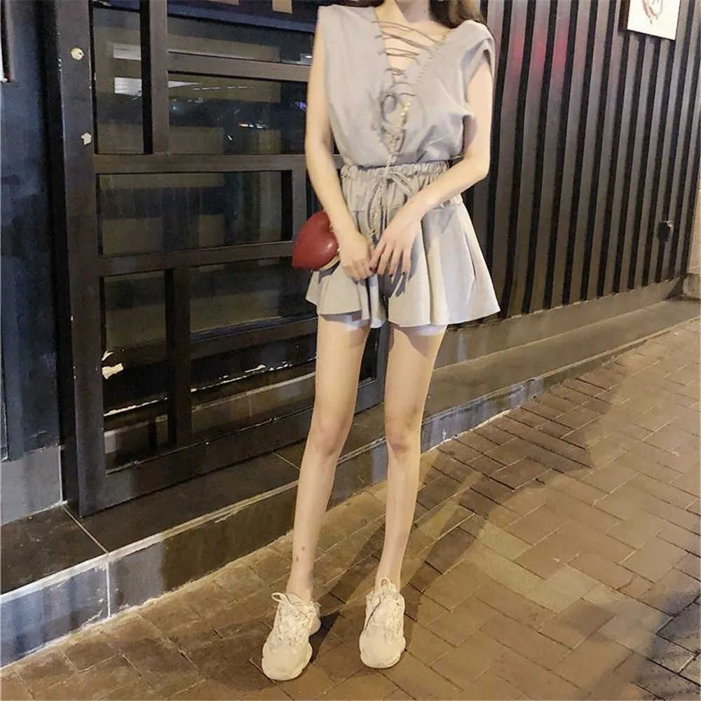 Summer Casual Set Sexy Sleeveless Deep V-Neck Tie T-Shirt + High Waist Wide Leg Skirt Short Women Cotton Loose Suit 210619