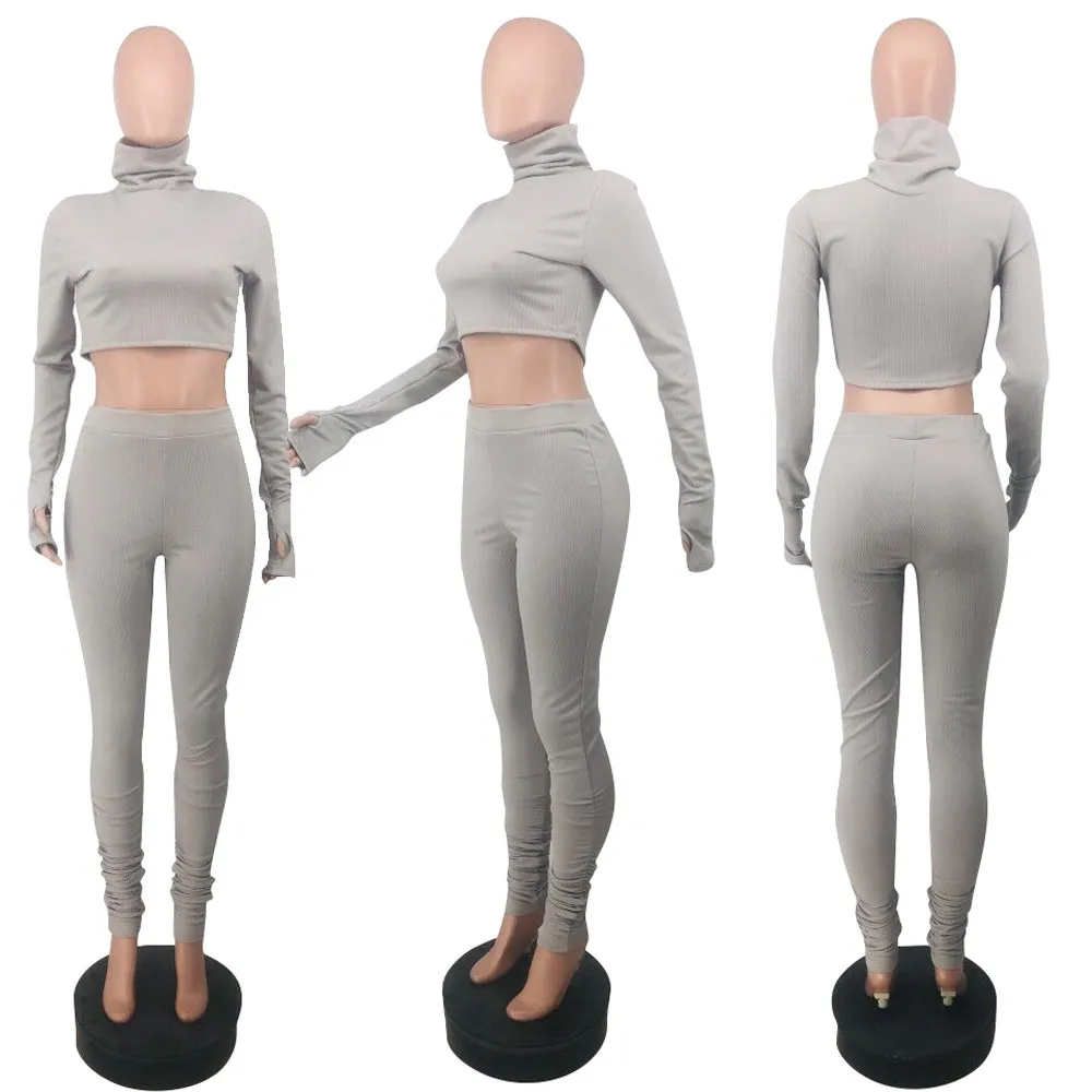 Jesień Zimowy Dzianiny Dres Downi Dwa kawałek stroje Turtleneck Z Długim Rękawem Crop Top Tunic Skinny Ołówek Spodnie Spodnie Zestawy 210525