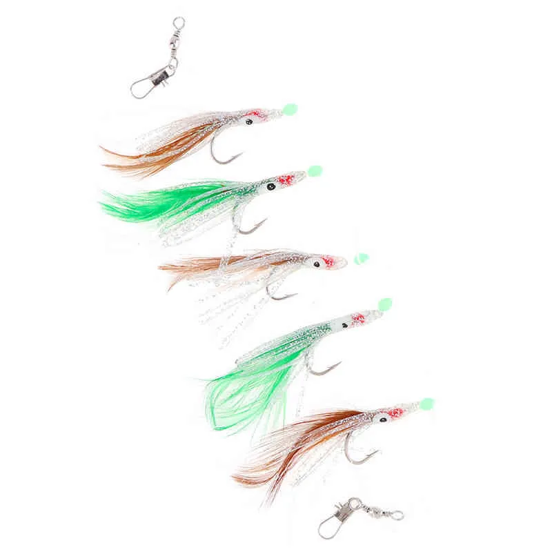 Fishing Rigs With Luminous Glow Bead Feather Fish Skin String Hooks Mix Size Fishing Lures for Freshwater 220108