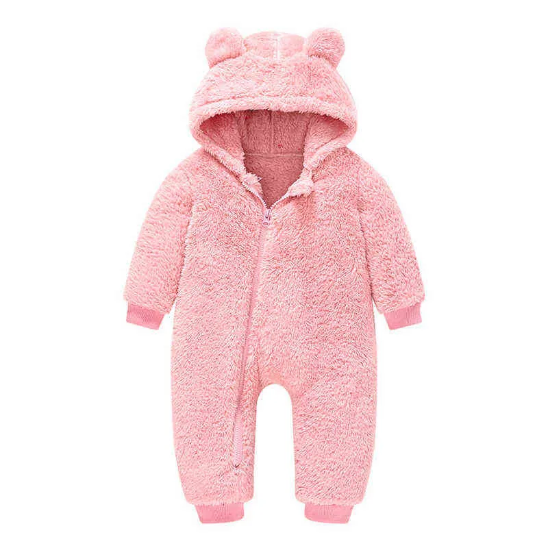 Cute Plush Bear Baby Rompers Toddler Girl Overall Jumpsuit Spring Autumn Hooded Zipper Boys Romper Infant Crawling Clothing 211101