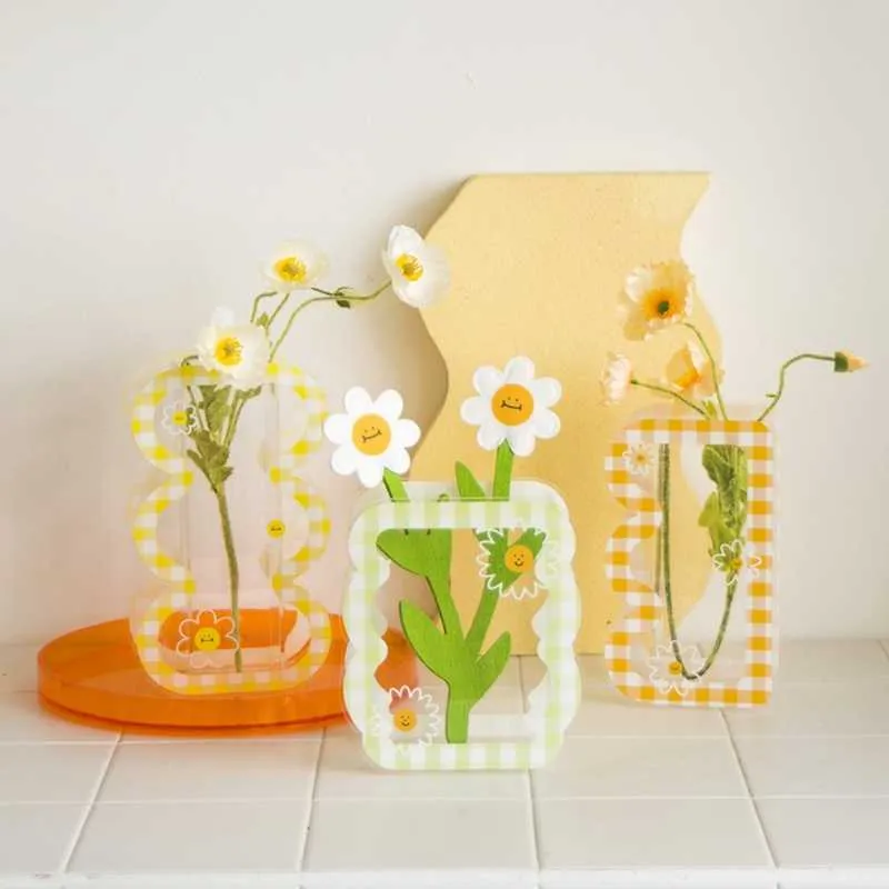 Vase à carreaux transparent acrylique séché frais s conteneur Arrangement fleur hydroponique décoration de bureau à la maison
