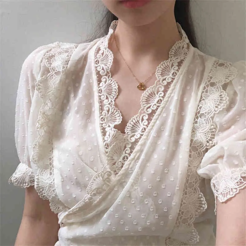 COMELSESSYY Summer Summer V-Neck Vintage Lace Camicie Femminile Polka Dot Ufficio Signora Singola Top Abbigliamento All Match Streetwear Blouses 210515