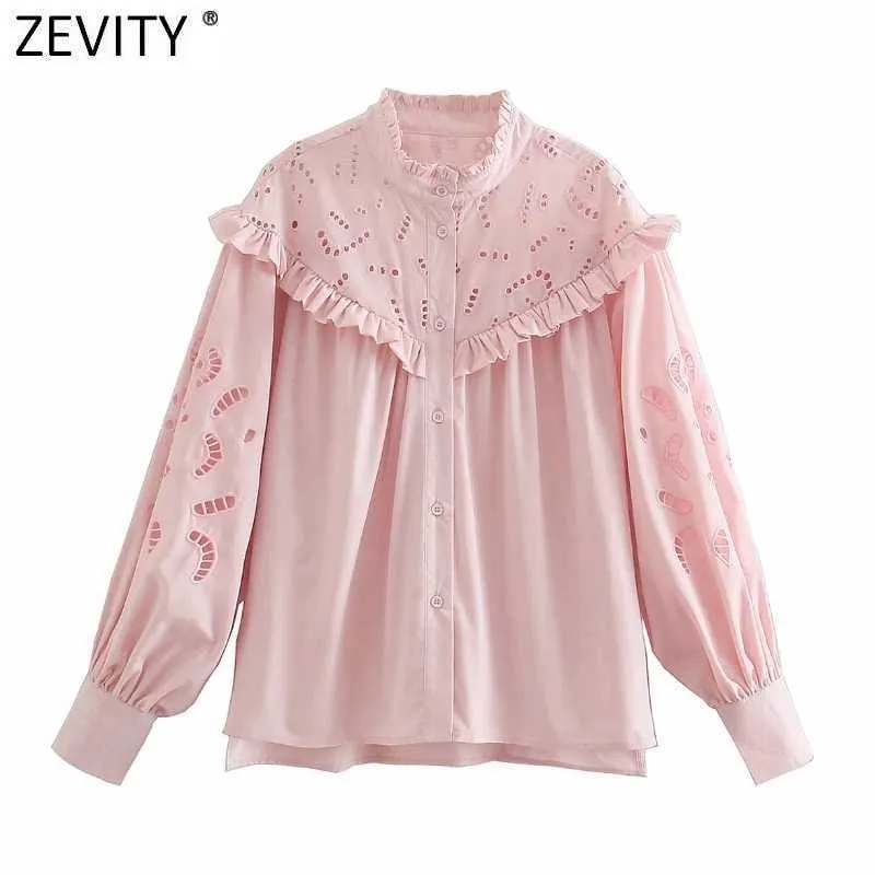 Zeefity Dames Sweet Agaric Kant Holle Borduurwerk Casual Roze Blouse Femme Lange Mouw Ruches Roupas Chic Blusas Tops LS9213 210603