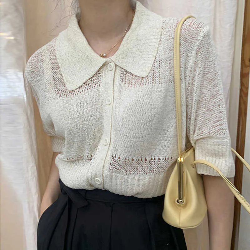Korejpaa Women Sweater Summer Korean Chic Gentle Lapel Single-Breasted Loose Versatile Short-Sleeved Hollow Wool Cardigan 210526