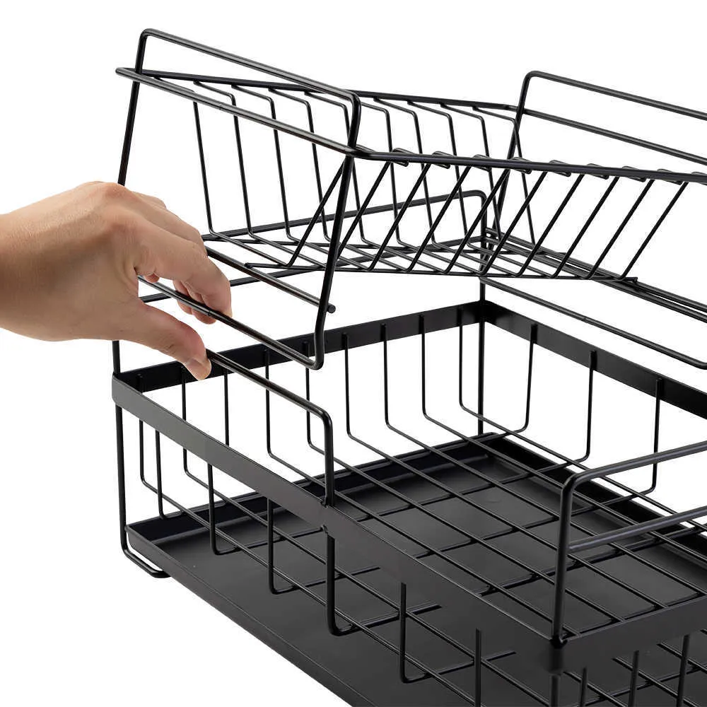 Dish Drying Rack with Drainboard Drainer Kitchen Light Duty Countertop Utensil Organizer Storage for Home Black White 2-Tier 21090231L